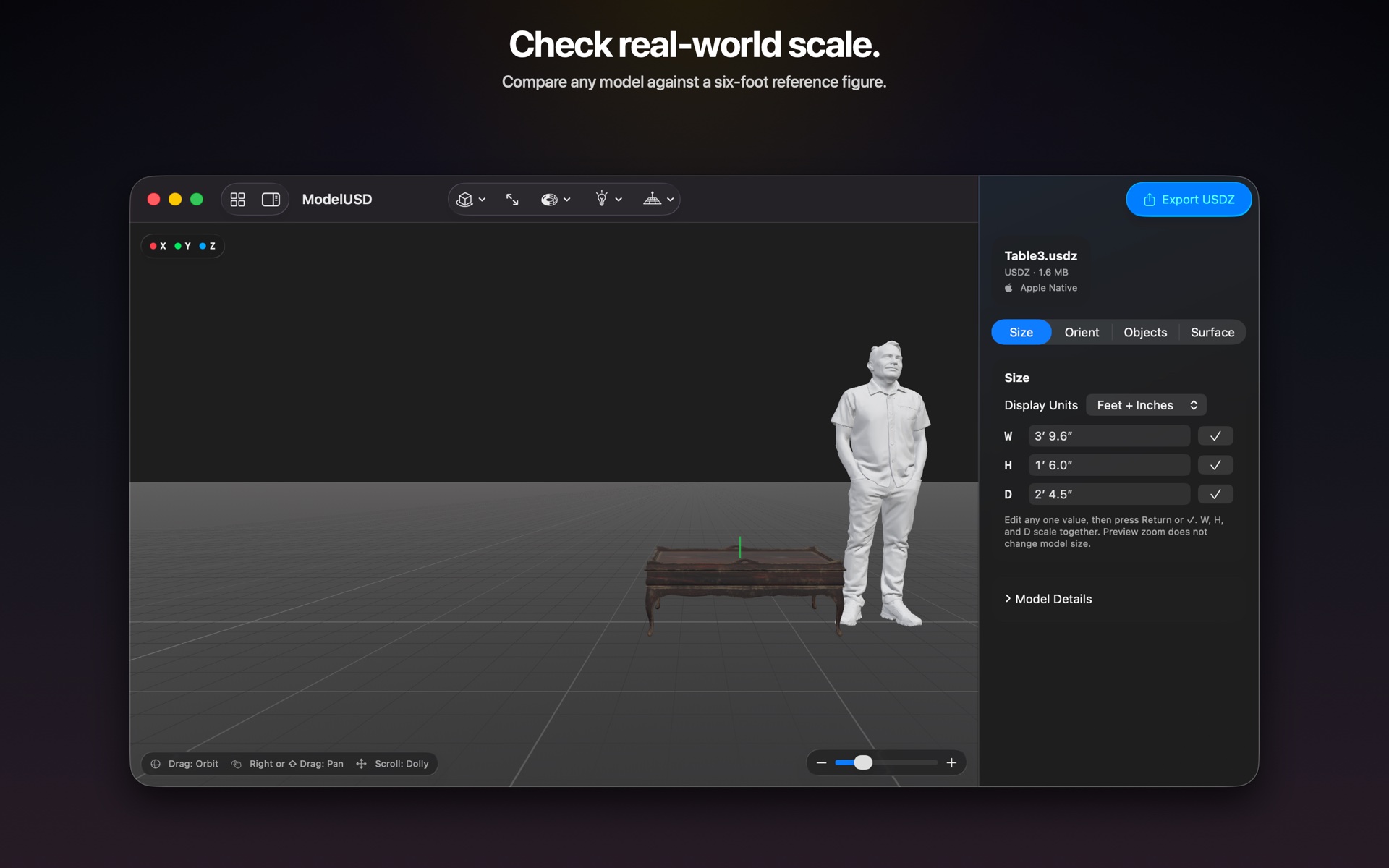 ModelUSD comparing a furniture model against an optional six-foot reference figure