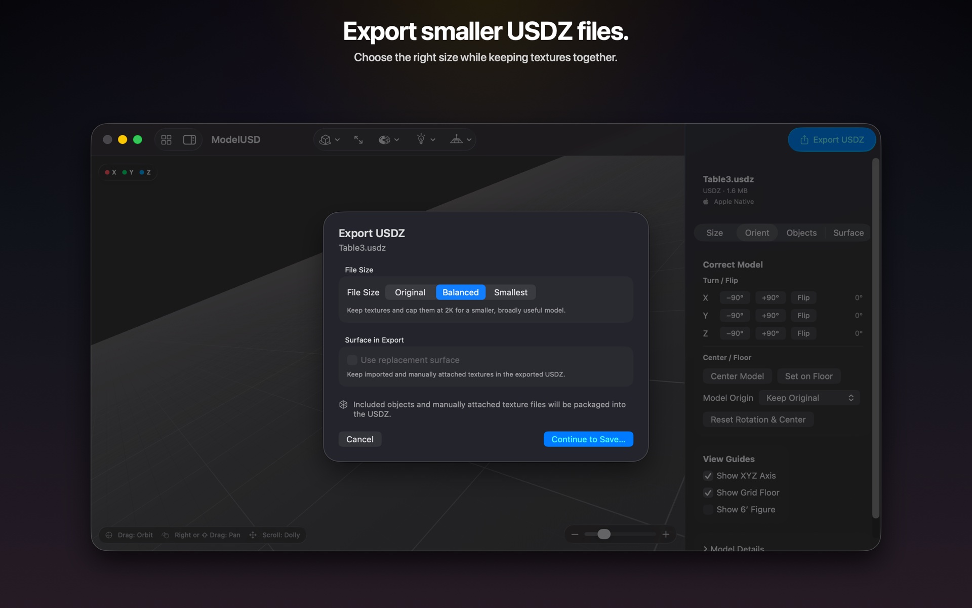 ModelUSD export sheet offering Original, Balanced, and Smallest USDZ size options